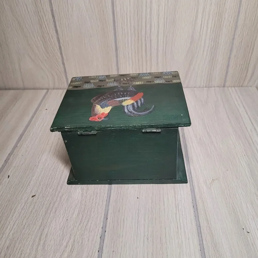 Vintage Han Painted Rooster Wood Recipe Box Bird Farmhouse Country Prairie